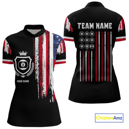 Personalized Grunge American Flag 9 Ball Pool Team Shirt For Women Custom Patriotic Billiard Shirts TDM4733
