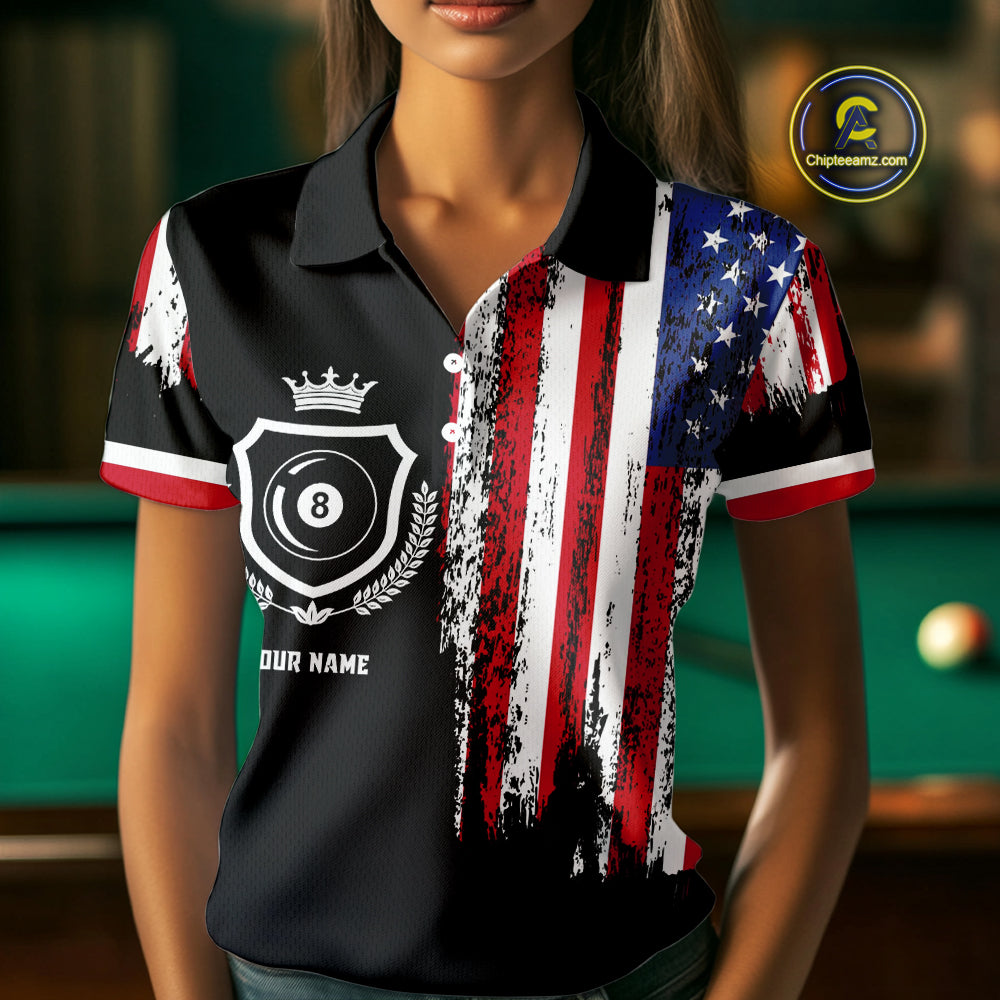 Personalized Grunge American Flag 9 Ball Pool Team Shirt For Women Custom Patriotic Billiard Shirts TDM4734