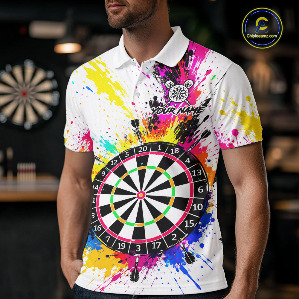 White And Colorful Paint Splash Funny Darts Shirts For Men Custom Darts Team Jersey Polo, 1/4 Zip TDM7444