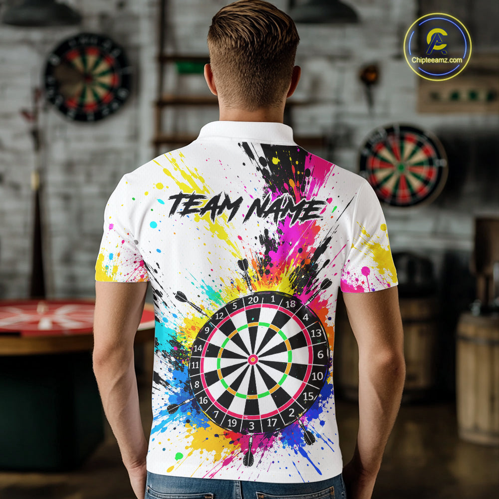 White And Colorful Paint Splash Funny Darts Shirts For Men Custom Darts Team Jersey Polo, 1/4 Zip TDM7444