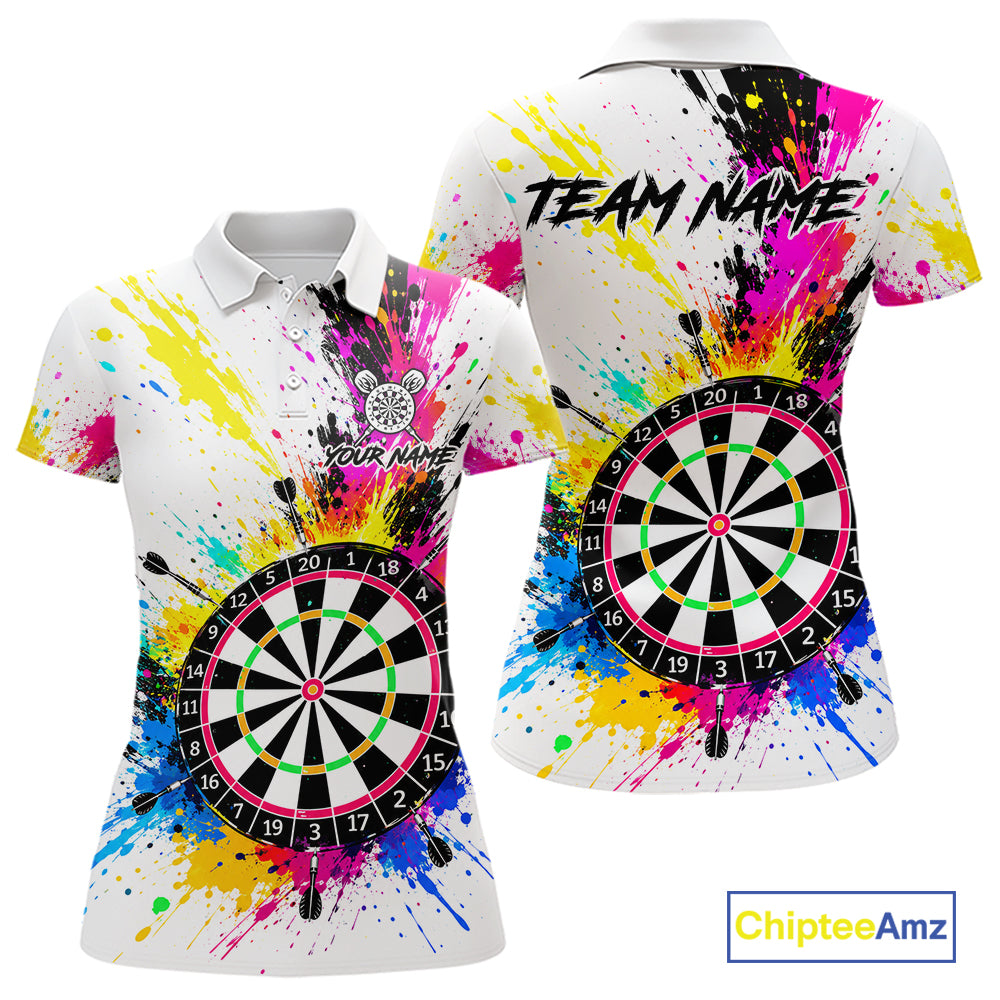 White And Colorful Paint Splash Funny Darts Shirts For Women Custom Darts Team Jersey Polo, 1/4 Zip TDM7444