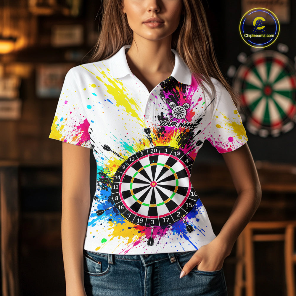 White And Colorful Paint Splash Funny Darts Shirts For Women Custom Darts Team Jersey Polo, 1/4 Zip TDM7444