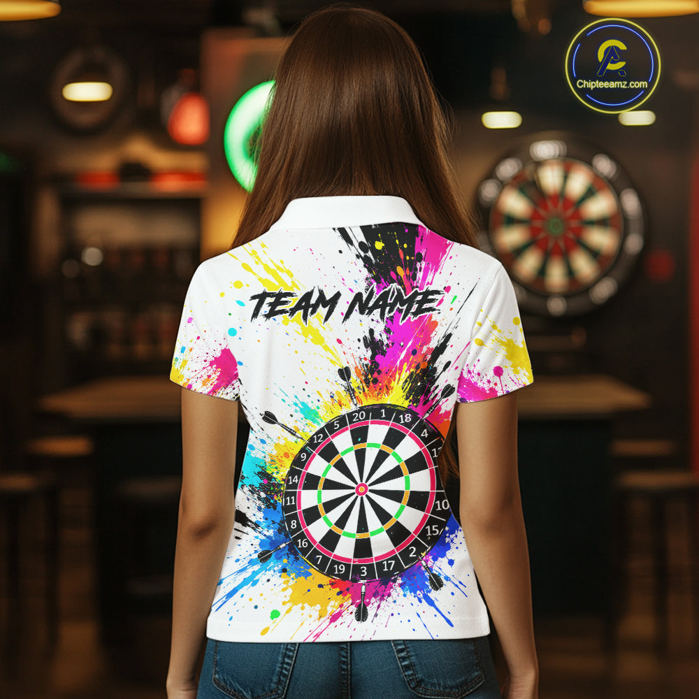 White And Colorful Paint Splash Funny Darts Shirts For Women Custom Darts Team Jersey Polo, 1/4 Zip TDM7444