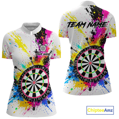 White And Colorful Paint Splash Funny Darts Shirts For Women Custom Darts Team Jersey Polo, 1/4 Zip TDM7444
