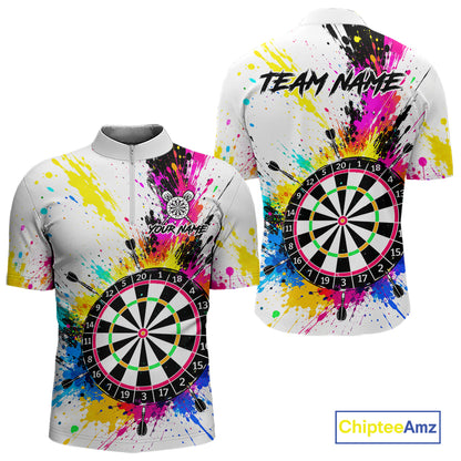 White And Colorful Paint Splash Funny Darts Shirts For Men Custom Darts Team Jersey Polo, 1/4 Zip TDM7444
