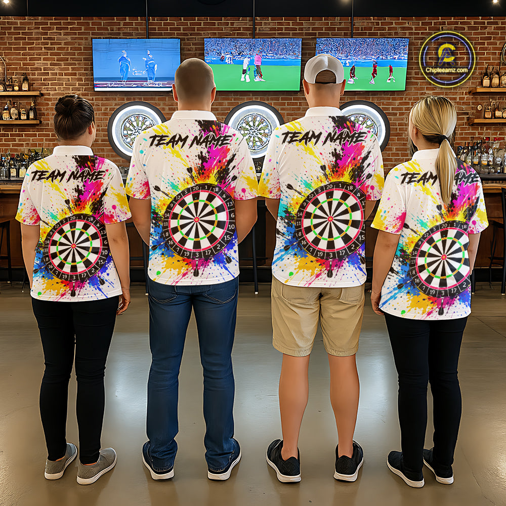 White And Colorful Paint Splash Funny Darts Shirts For Men Custom Darts Team Jersey Polo, 1/4 Zip TDM7444