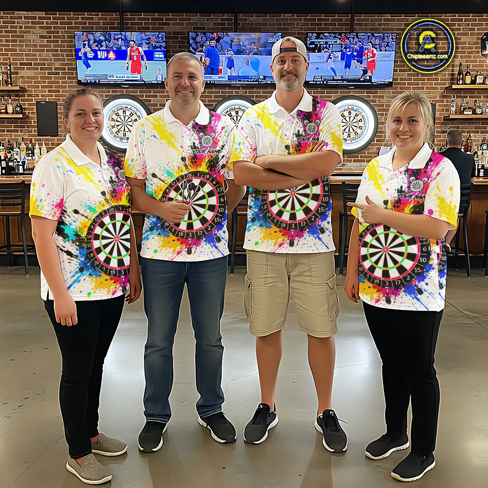 White And Colorful Paint Splash Funny Darts Shirts For Men Custom Darts Team Jersey Polo, 1/4 Zip TDM7444