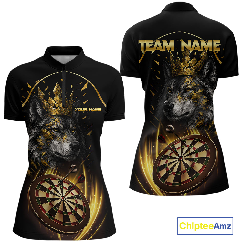 Black And Gold Custom Wolf Darts Shirts For Women Custom Darts League Team Jersey Polo & Quarter Zip TDM7446