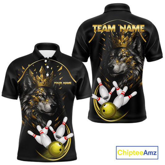 Black And Gold Custom Wolf Bowling Polo, Quarter Zip Shirts For Men, Bowling League Team Jersey TDM7447