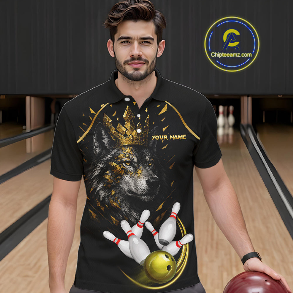 Black And Gold Custom Wolf Bowling Polo, Quarter Zip Shirts For Men, Bowling League Team Jersey TDM7447