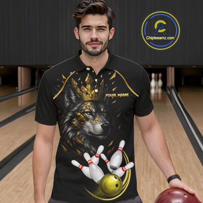 Black And Gold Custom Wolf Bowling Polo, Quarter Zip Shirts For Men, Bowling League Team Jersey TDM7447