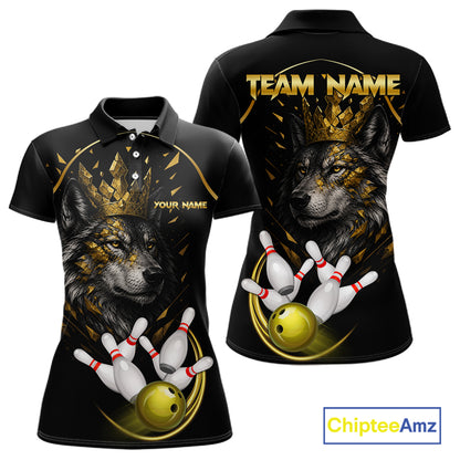 Black And Gold Custom Wolf Bowling Polo, Quarter Zip Shirts For Women, Bowling League Team Jersey TDM7447