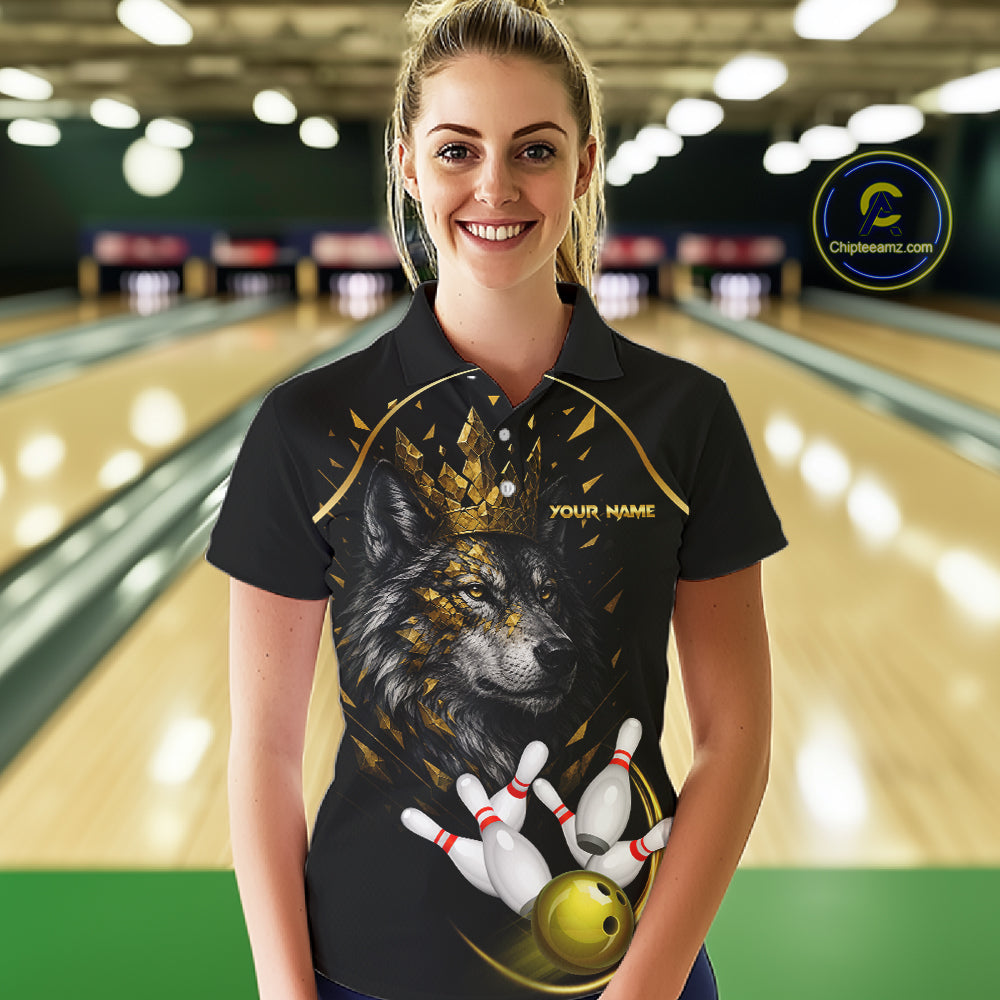 Black And Gold Custom Wolf Bowling Polo, Quarter Zip Shirts For Women, Bowling League Team Jersey TDM7447