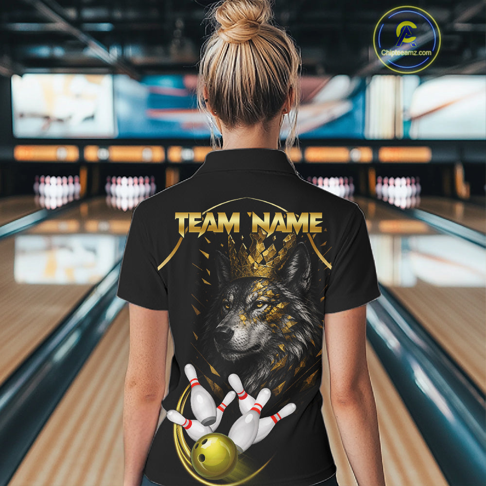 Black And Gold Custom Wolf Bowling Polo, Quarter Zip Shirts For Women, Bowling League Team Jersey TDM7447