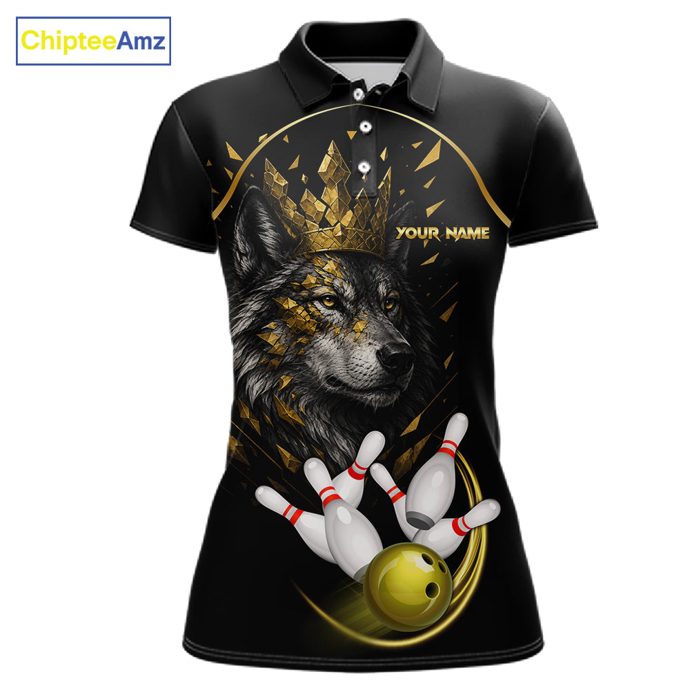 Black And Gold Custom Wolf Bowling Polo, Quarter Zip Shirts For Women, Bowling League Team Jersey TDM7447