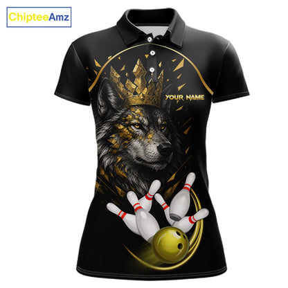 Black And Gold Custom Wolf Bowling Polo, Quarter Zip Shirts For Women, Bowling League Team Jersey TDM7447