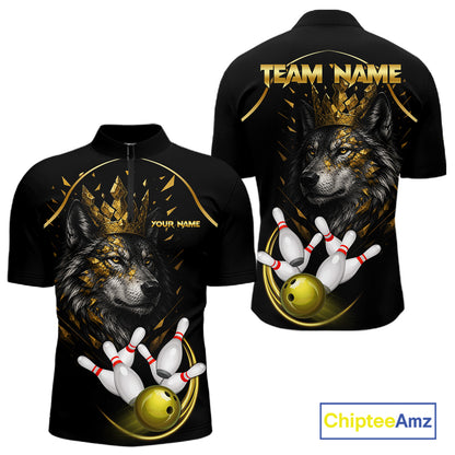 Black And Gold Custom Wolf Bowling Polo, Quarter Zip Shirts For Men, Bowling League Team Jersey TDM7447