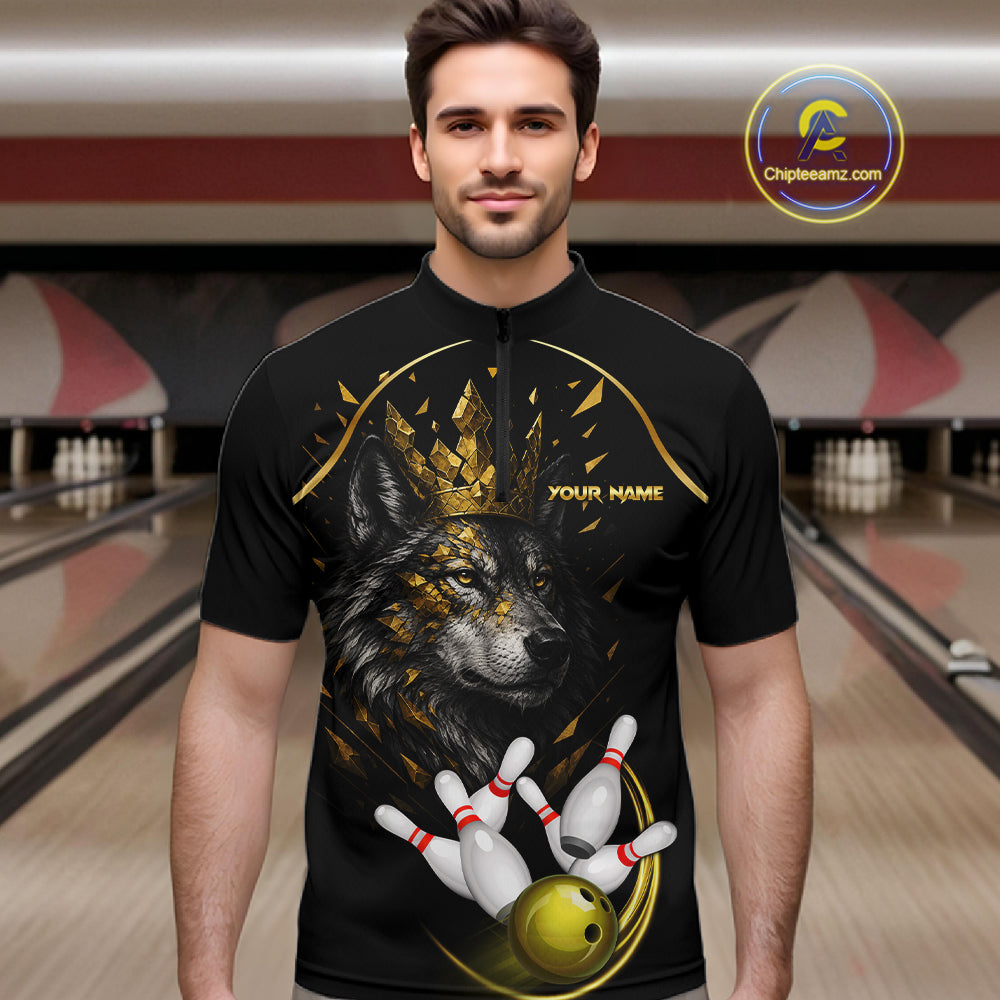 Black And Gold Custom Wolf Bowling Polo, Quarter Zip Shirts For Men, Bowling League Team Jersey TDM7447