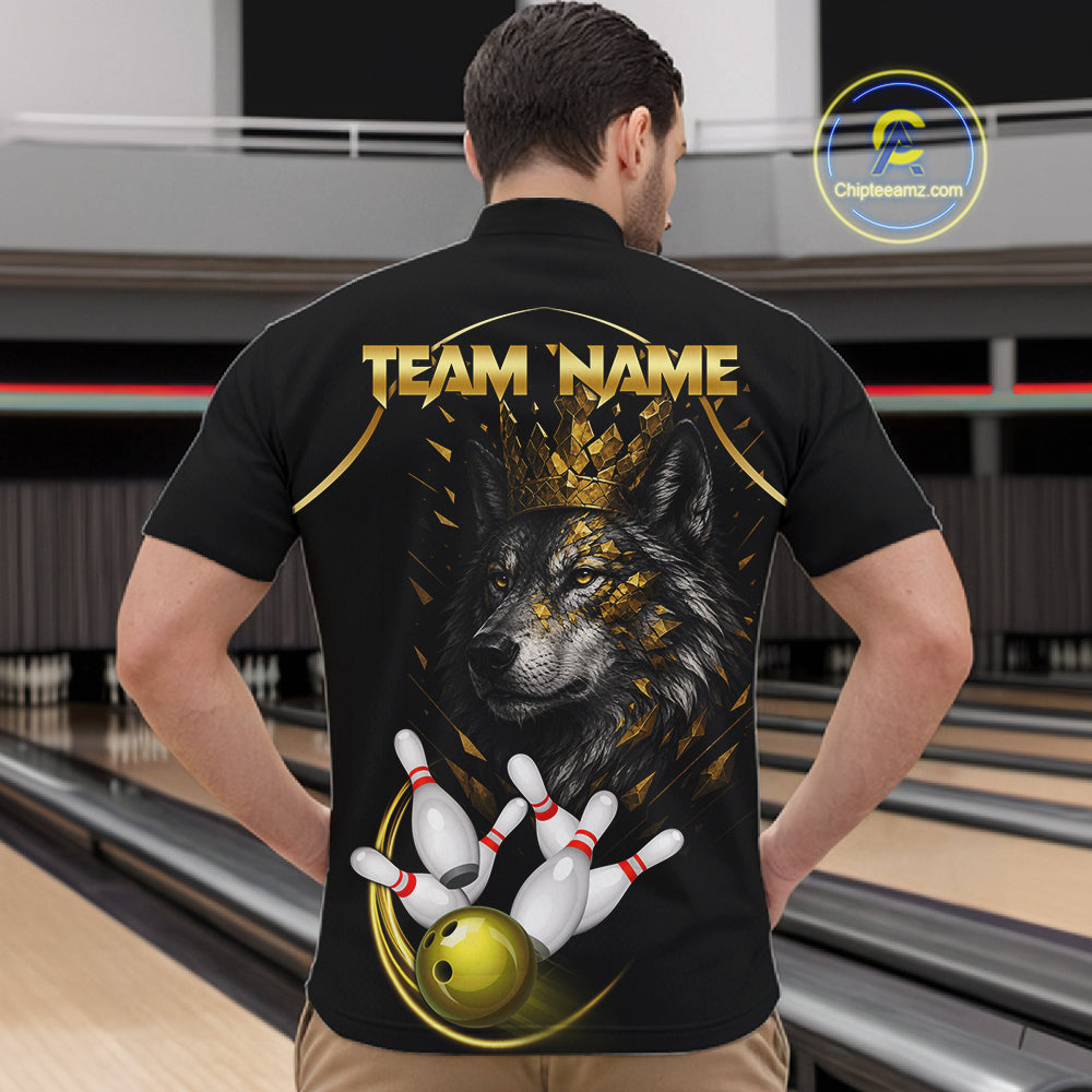 Black And Gold Custom Wolf Bowling Polo, Quarter Zip Shirts For Men, Bowling League Team Jersey TDM7447
