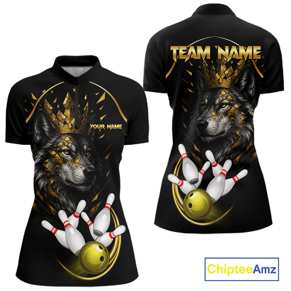Black And Gold Custom Wolf Bowling Polo, Quarter Zip Shirts For Women, Bowling League Team Jersey TDM7447