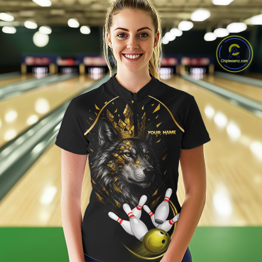 Black And Gold Custom Wolf Bowling Polo, Quarter Zip Shirts For Women, Bowling League Team Jersey TDM7447