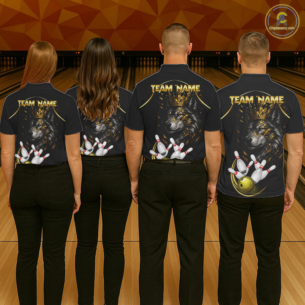Black And Gold Custom Wolf Bowling Polo, Quarter Zip Shirts For Men, Bowling League Team Jersey TDM7447