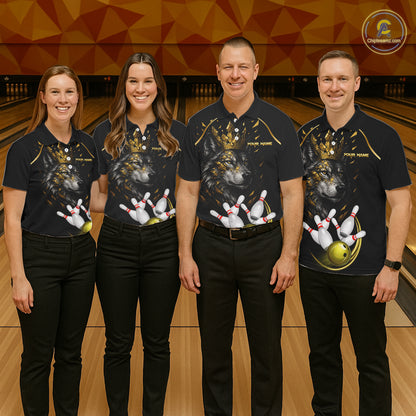 Black And Gold Custom Wolf Bowling Polo, Quarter Zip Shirts For Men, Bowling League Team Jersey TDM7447