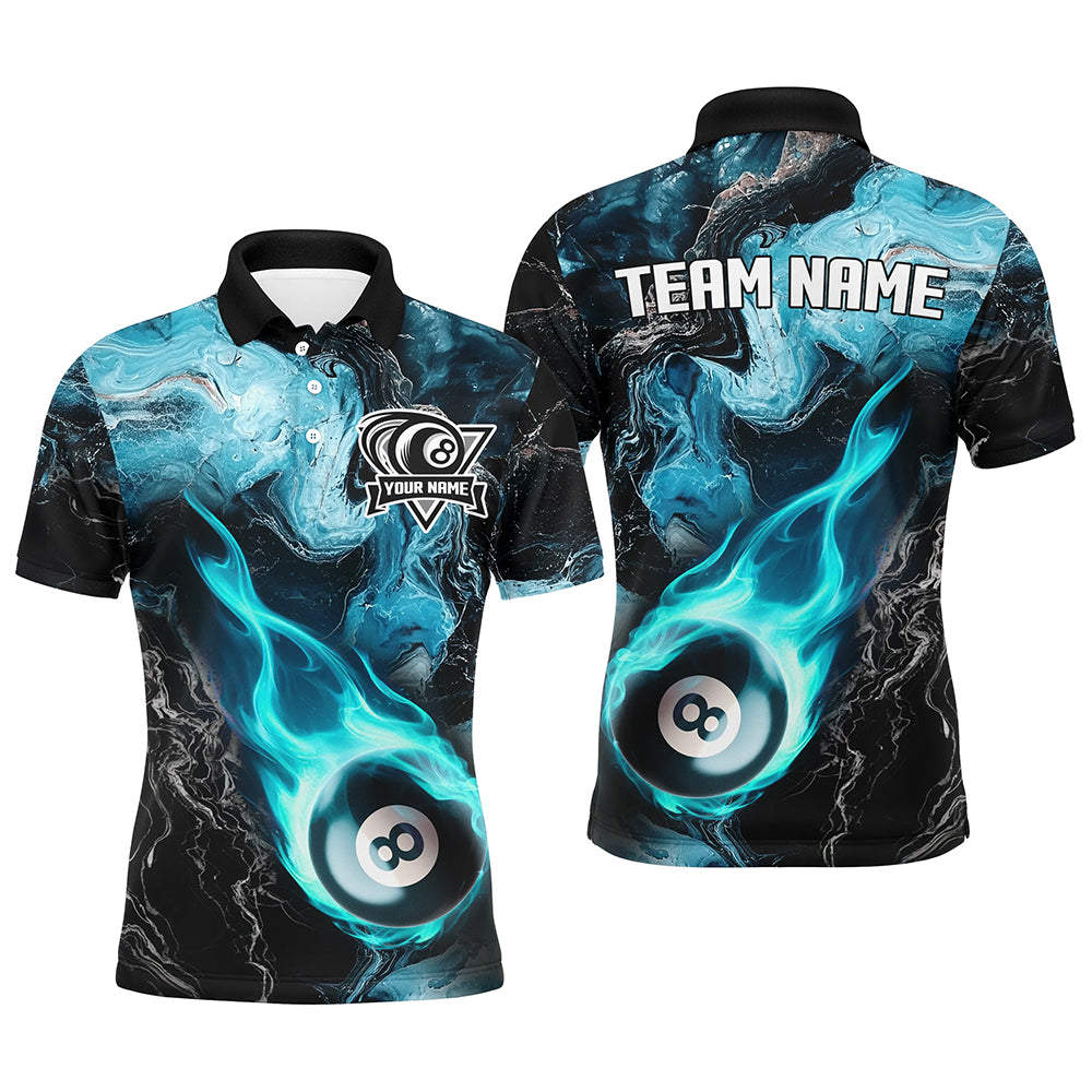 Turquoise 8 Ball Pool Fire Flame Abstract Pattern Custom Men Billiard Shirts, Billiard Team Jerseys TDM2669