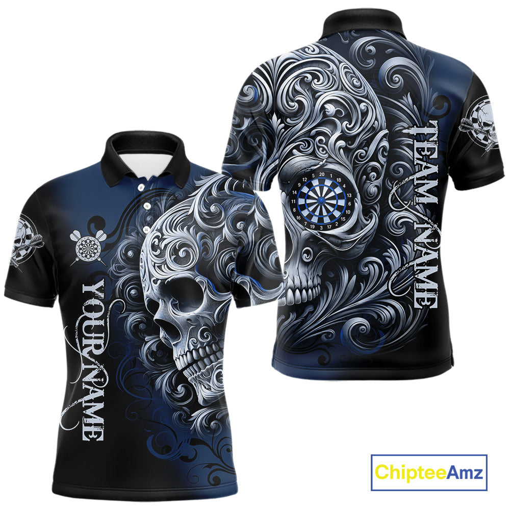 Personalized Skull Blue Darts Shirts For Men Custom Darts League Team Jersey Polo & Quarter Zip TDM7760