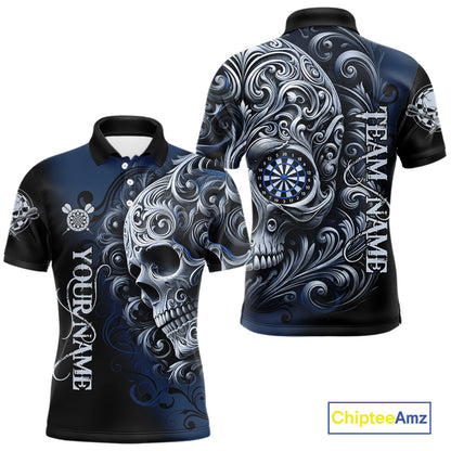 Personalized Skull Blue Darts Shirts For Men Custom Darts League Team Jersey Polo & Quarter Zip TDM7760