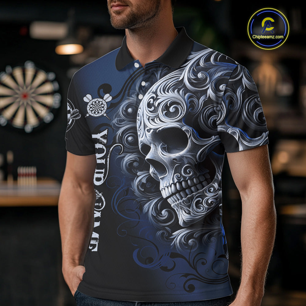 Personalized Skull Blue Darts Shirts For Men Custom Darts League Team Jersey Polo & Quarter Zip TDM7760