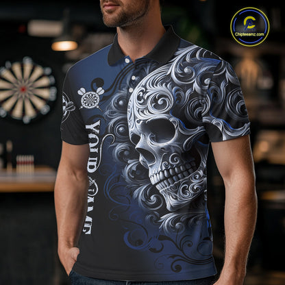 Personalized Skull Blue Darts Shirts For Men Custom Darts League Team Jersey Polo & Quarter Zip TDM7760