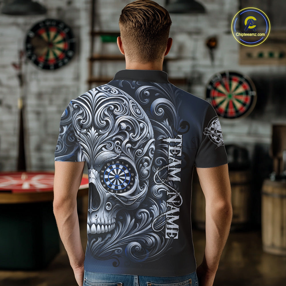 Personalized Skull Blue Darts Shirts For Men Custom Darts League Team Jersey Polo & Quarter Zip TDM7760
