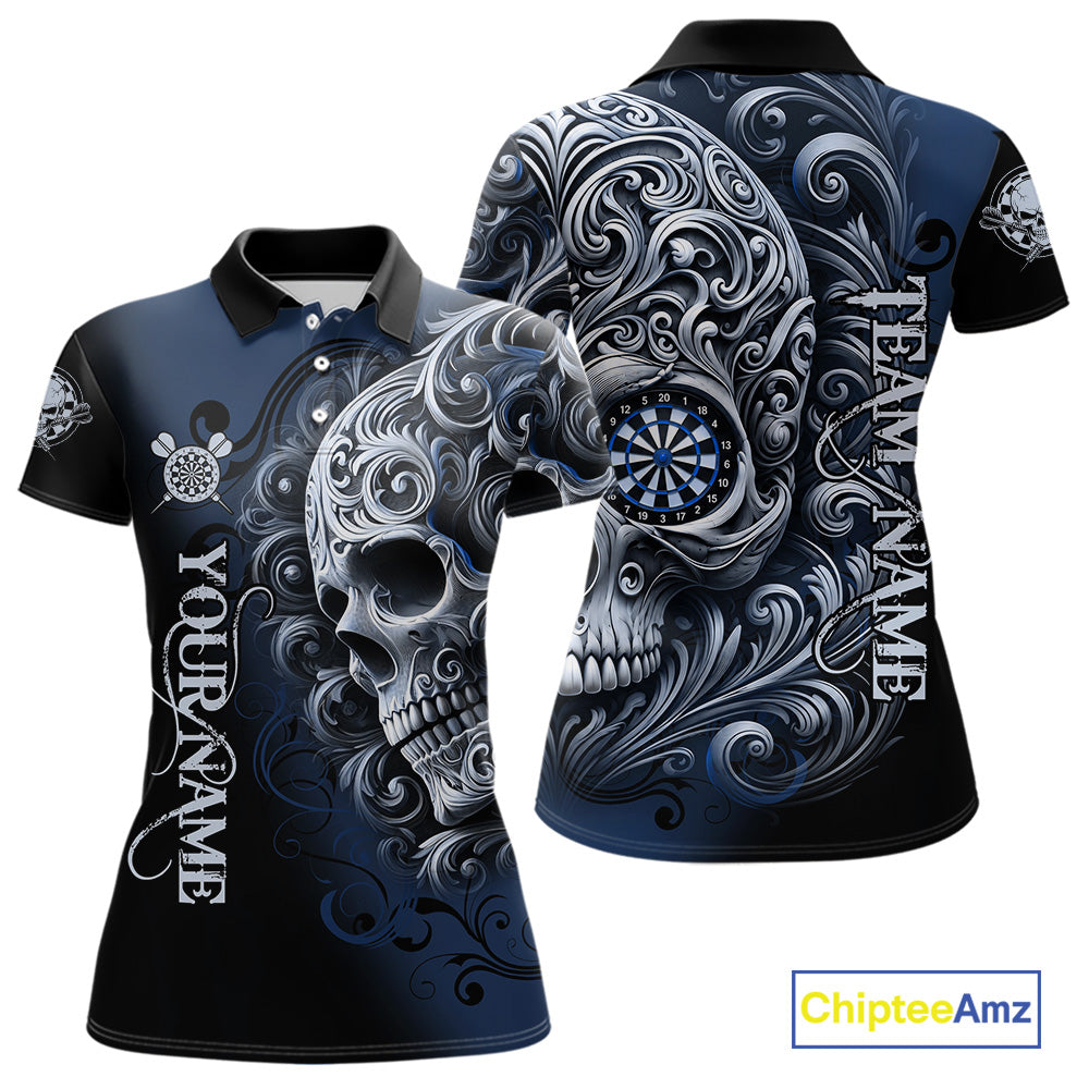 Personalized Skull Blue Darts Shirts For Women Custom Darts League Team Jersey Polo & Quarter Zip TDM7760