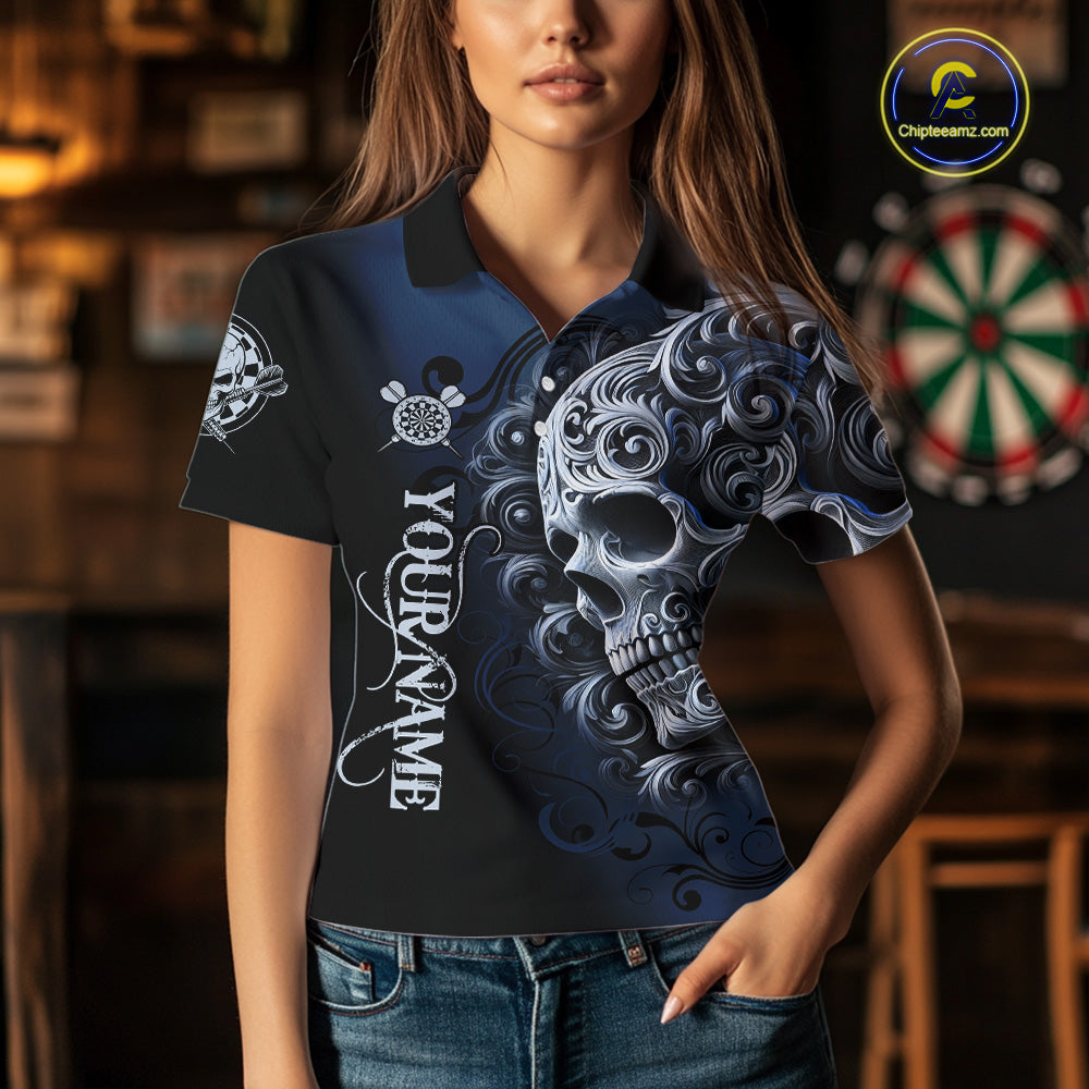 Personalized Skull Blue Darts Shirts For Women Custom Darts League Team Jersey Polo & Quarter Zip TDM7760