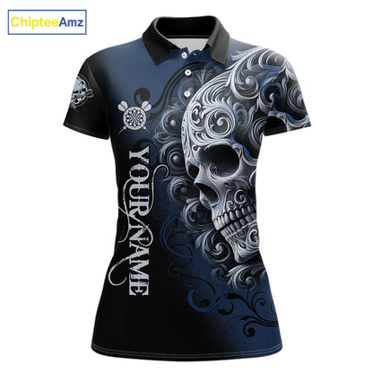 Personalized Skull Blue Darts Shirts For Women Custom Darts League Team Jersey Polo & Quarter Zip TDM7760
