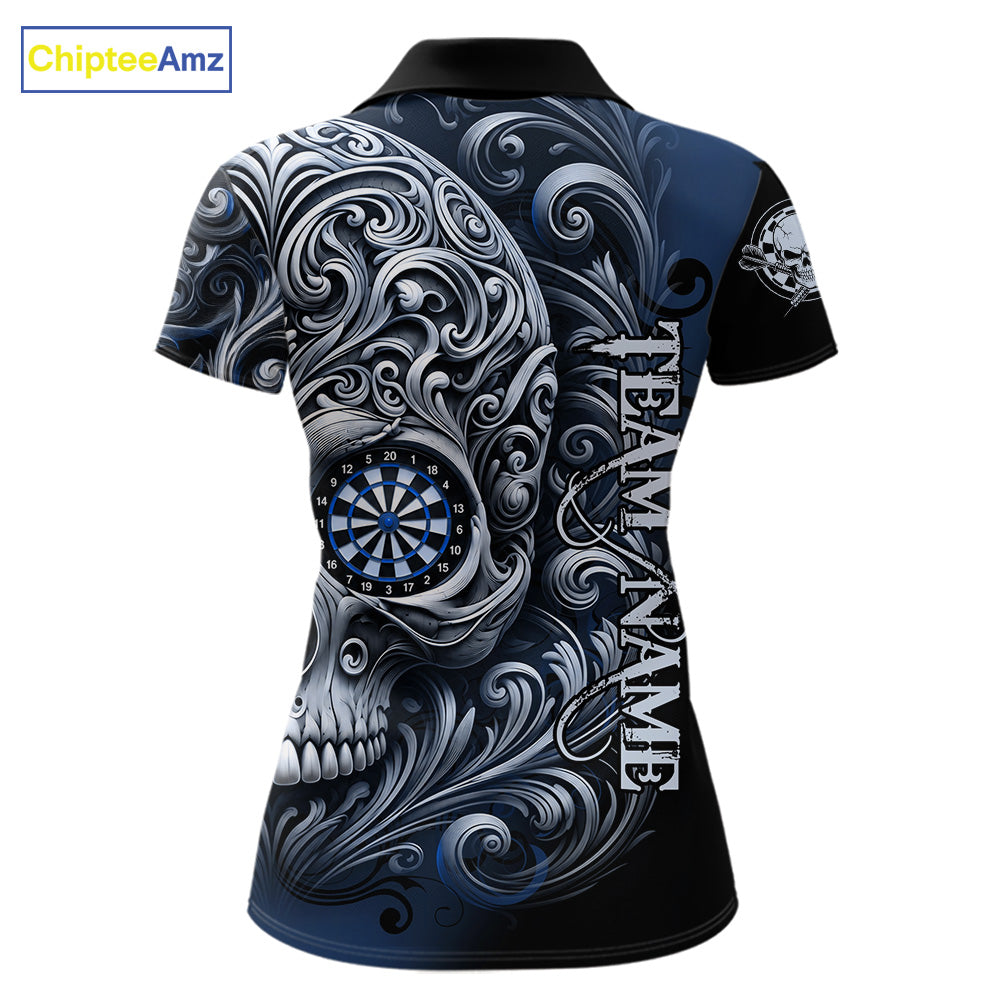 Personalized Skull Blue Darts Shirts For Women Custom Darts League Team Jersey Polo & Quarter Zip TDM7760