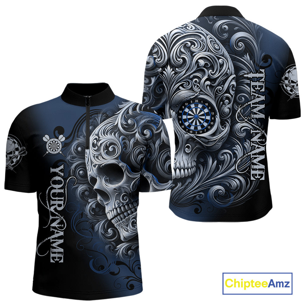 Personalized Skull Blue Darts Shirts For Men Custom Darts League Team Jersey Polo & Quarter Zip TDM7760