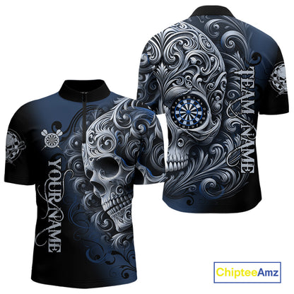 Personalized Skull Blue Darts Shirts For Men Custom Darts League Team Jersey Polo & Quarter Zip TDM7760