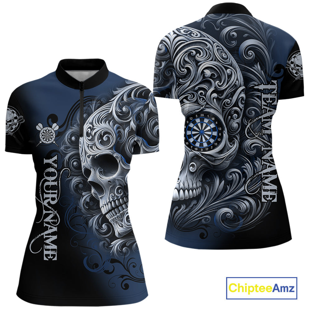 Personalized Skull Blue Darts Shirts For Women Custom Darts League Team Jersey Polo & Quarter Zip TDM7760