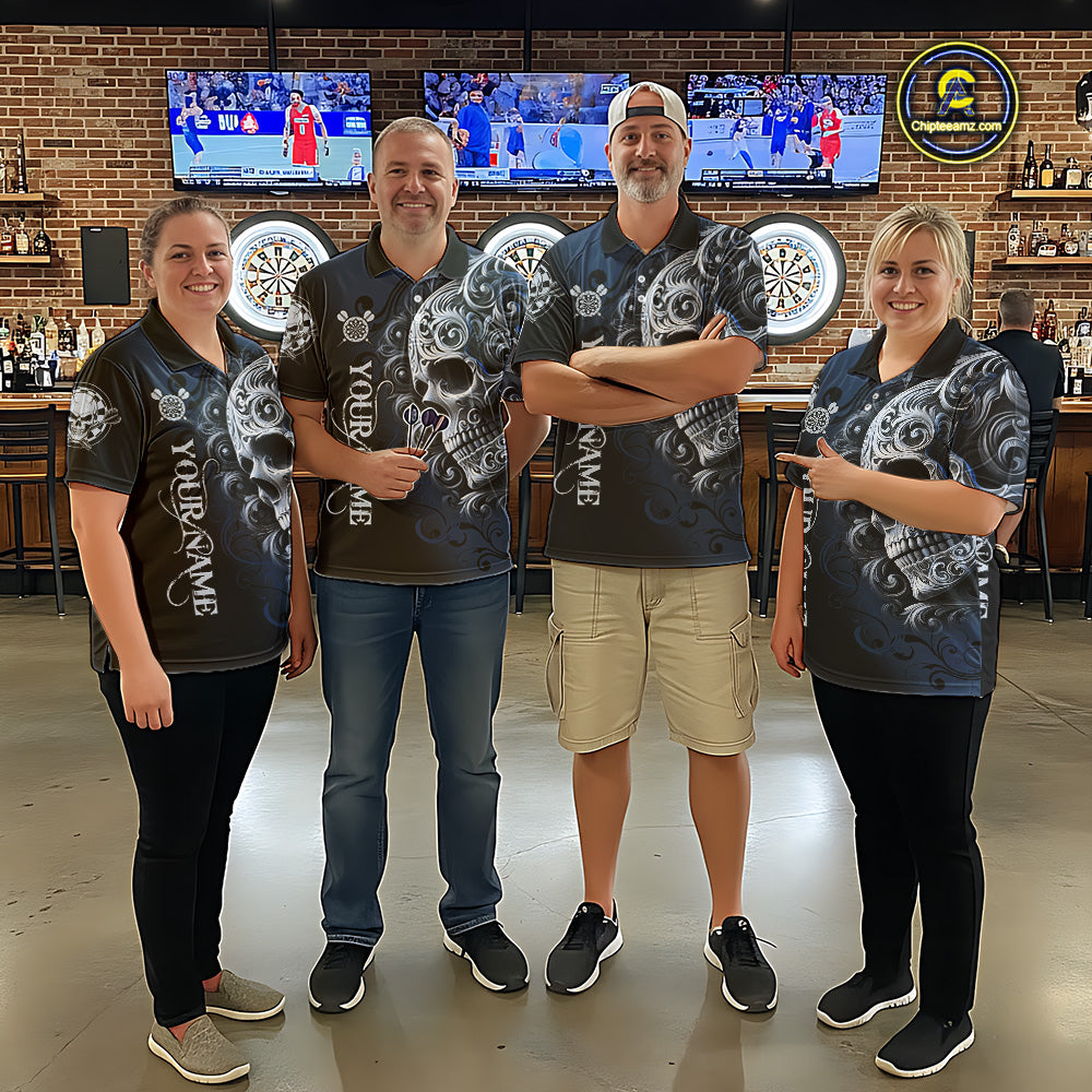 Personalized Skull Blue Darts Shirts For Men Custom Darts League Team Jersey Polo & Quarter Zip TDM7760
