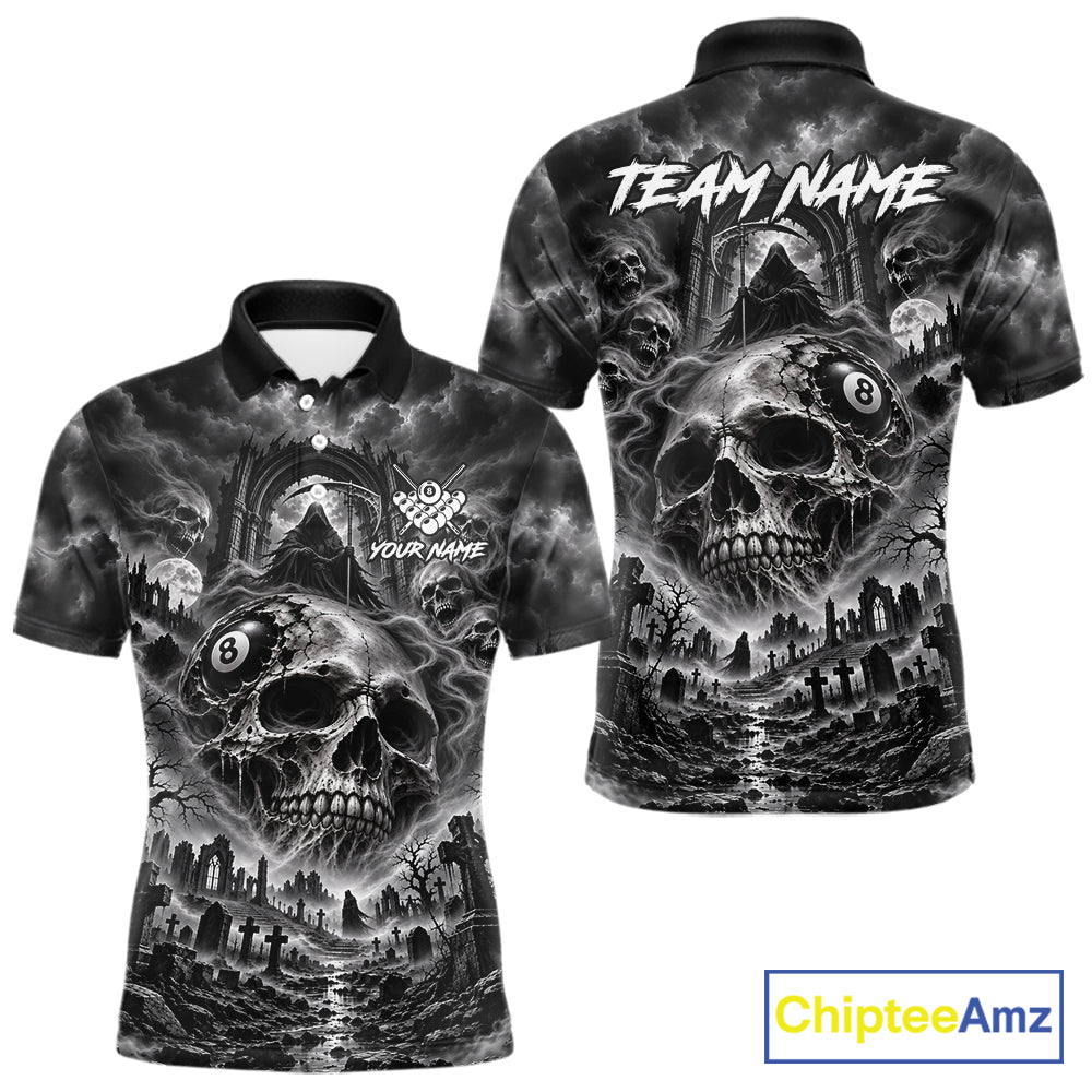 Grey Smoke Skull 8 Ball Billiard Shirts For Men Custom Gothic Pool Team Jersey Polo & 1/4 Zip TDM8098