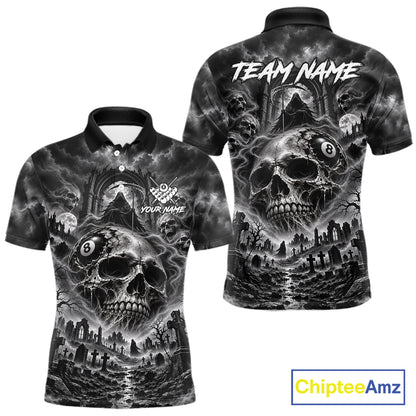 Grey Smoke Skull 8 Ball Billiard Shirts For Men Custom Gothic Pool Team Jersey Polo & 1/4 Zip TDM8098
