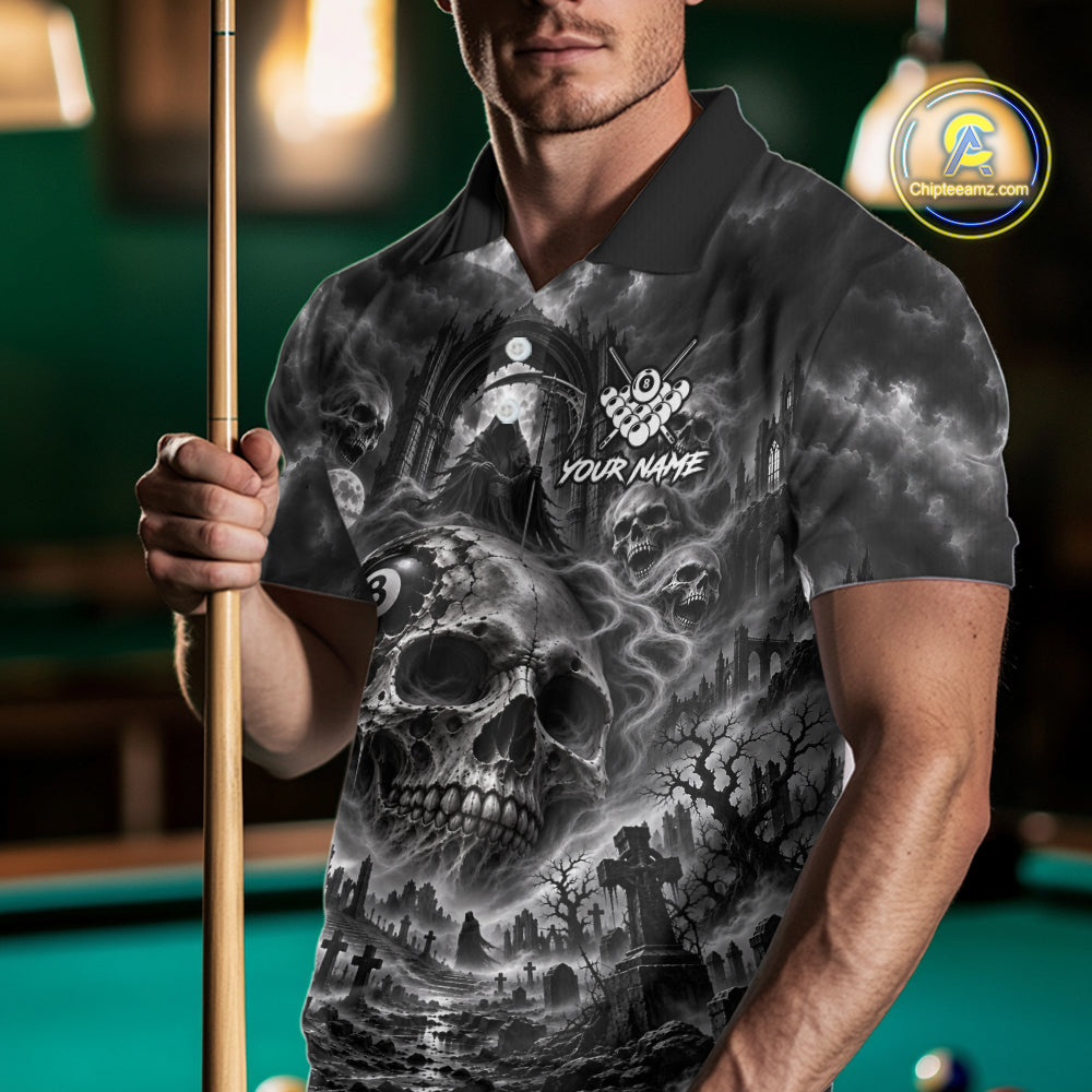 Grey Smoke Skull 8 Ball Billiard Shirts For Men Custom Gothic Pool Team Jersey Polo & 1/4 Zip TDM8098