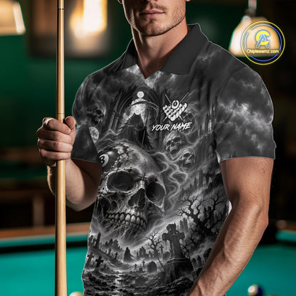 Grey Smoke Skull 8 Ball Billiard Shirts For Men Custom Gothic Pool Team Jersey Polo & 1/4 Zip TDM8098