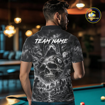 Grey Smoke Skull 8 Ball Billiard Shirts For Men Custom Gothic Pool Team Jersey Polo & 1/4 Zip TDM8098