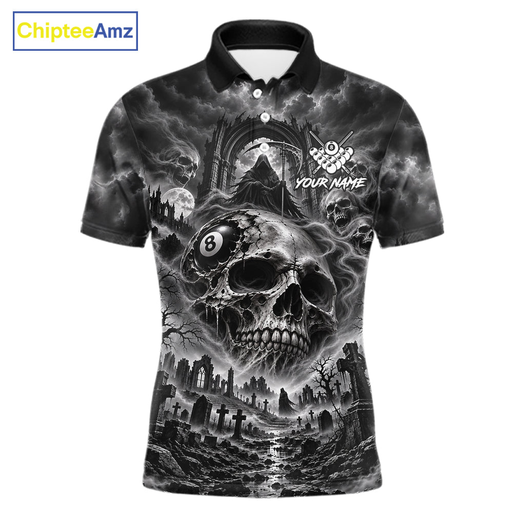 Grey Smoke Skull 8 Ball Billiard Shirts For Men Custom Gothic Pool Team Jersey Polo & 1/4 Zip TDM8098