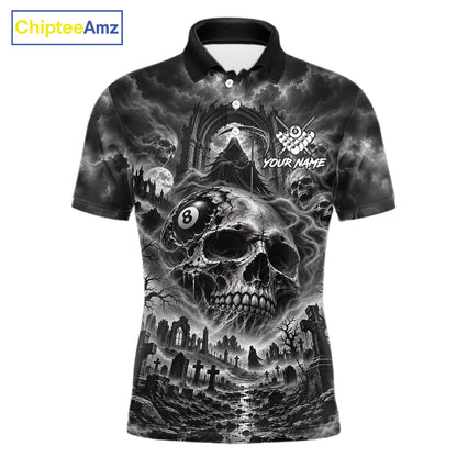 Grey Smoke Skull 8 Ball Billiard Shirts For Men Custom Gothic Pool Team Jersey Polo & 1/4 Zip TDM8098