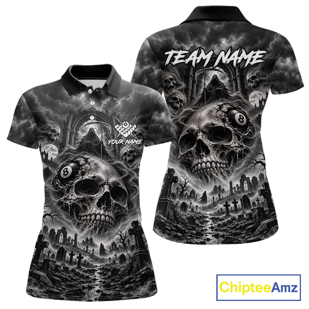 Grey Smoke Skull 8 Ball Billiard Shirts For Women Custom Gothic Pool Team Jersey Polo & 1/4 Zip TDM8098