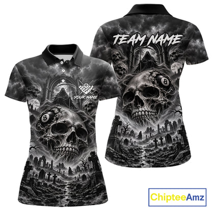 Grey Smoke Skull 8 Ball Billiard Shirts For Women Custom Gothic Pool Team Jersey Polo & 1/4 Zip TDM8098